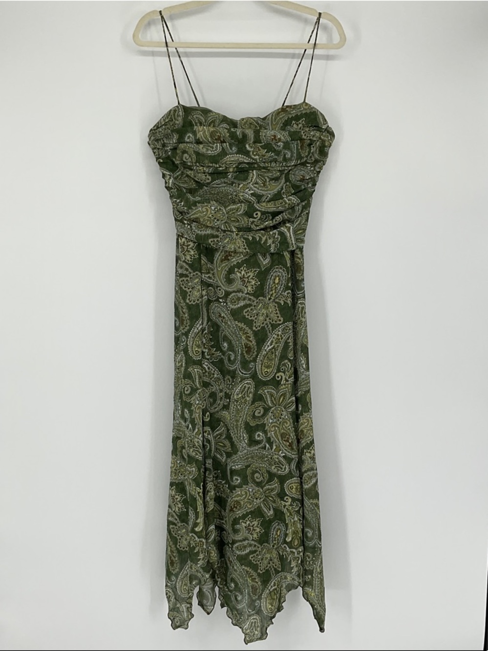 S.L. Fashions Vintage Womens 16 Green Paisley Chiffon Midi Dress Spaghetti Strap